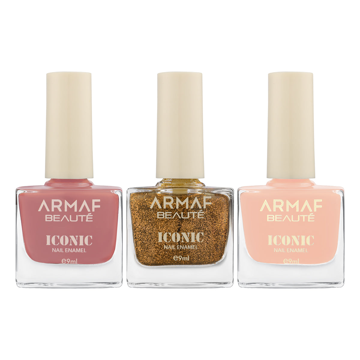 COMBO ARMAF BEAUTE ICONIC NAIL ENAMEL - 005 SWEET PEACH| ARMAF BEAUTE ICONIC NAIL ENAMEL - GR003 ANDROMEDA | ARMAF BEAUTE ICONIC NAIL ENAMEL - 023 JULIETTE