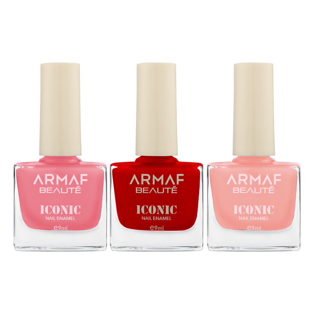COMBO ARMAF BEAUTE ICONIC NAIL ENAMEL - 040 BLOOD RED | ARMAF BEAUTE ICONIC NAIL ENAMEL- 079 FIRE BRICK | ARMAF BEAUTE ICONIC NAIL ENAMEL- 076 CORAL PINK