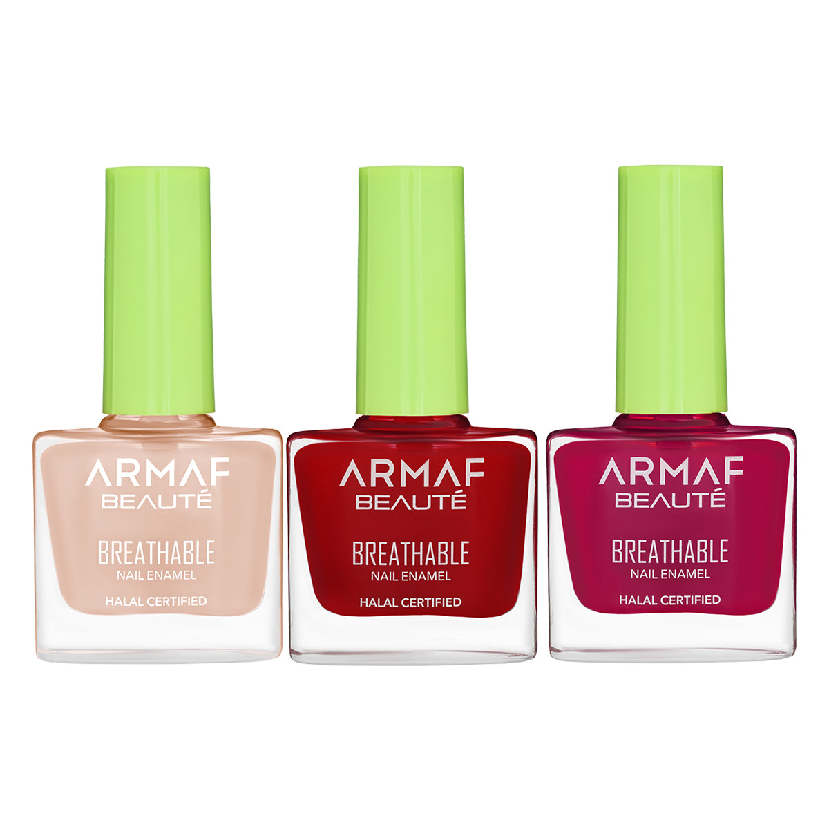 COMBO AB BREATHABLE HALAL NAIL ENAMEL HL345 HYPNOTIC BERRY | AB BREATHABLE HALAL NAIL ENAMEL HL307 SOFT TULIP | AB BREATHABLE HALAL NAIL ENAMEL HL327 SCARLET HL327