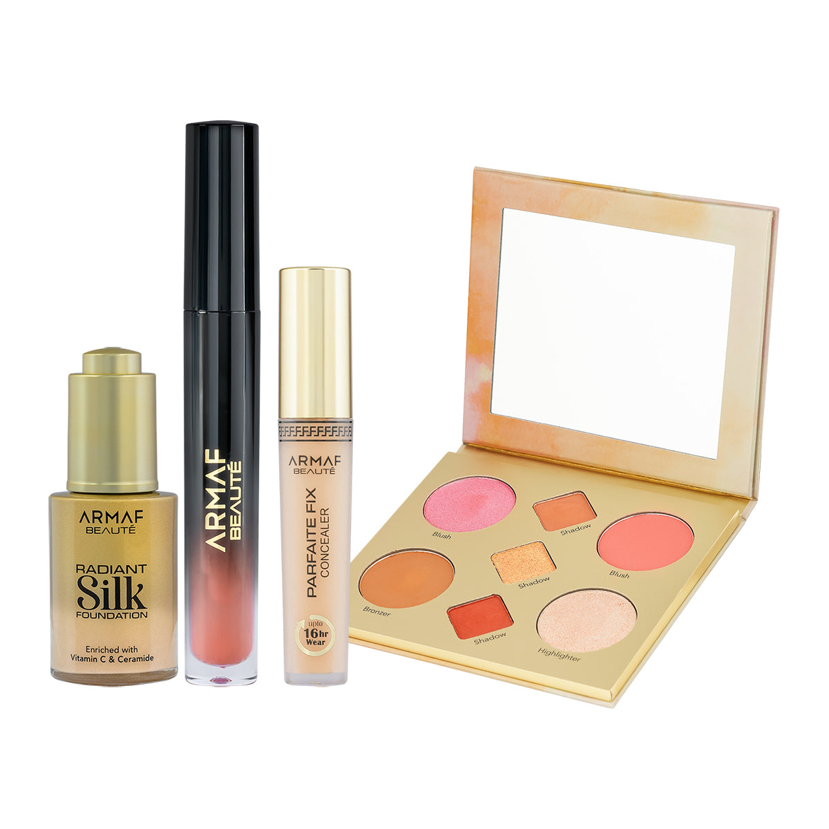 COMBO AB PARFAITE FIX CONCEALER - BEIGE 03 | AB RADIANT SILK FOUNDATION 06 WARM BEIGE | AB FACE PALETTE SUMMER MUSE | AB CRÈME TOUCH LIQ MATTE LIPSTICK - LYON 01