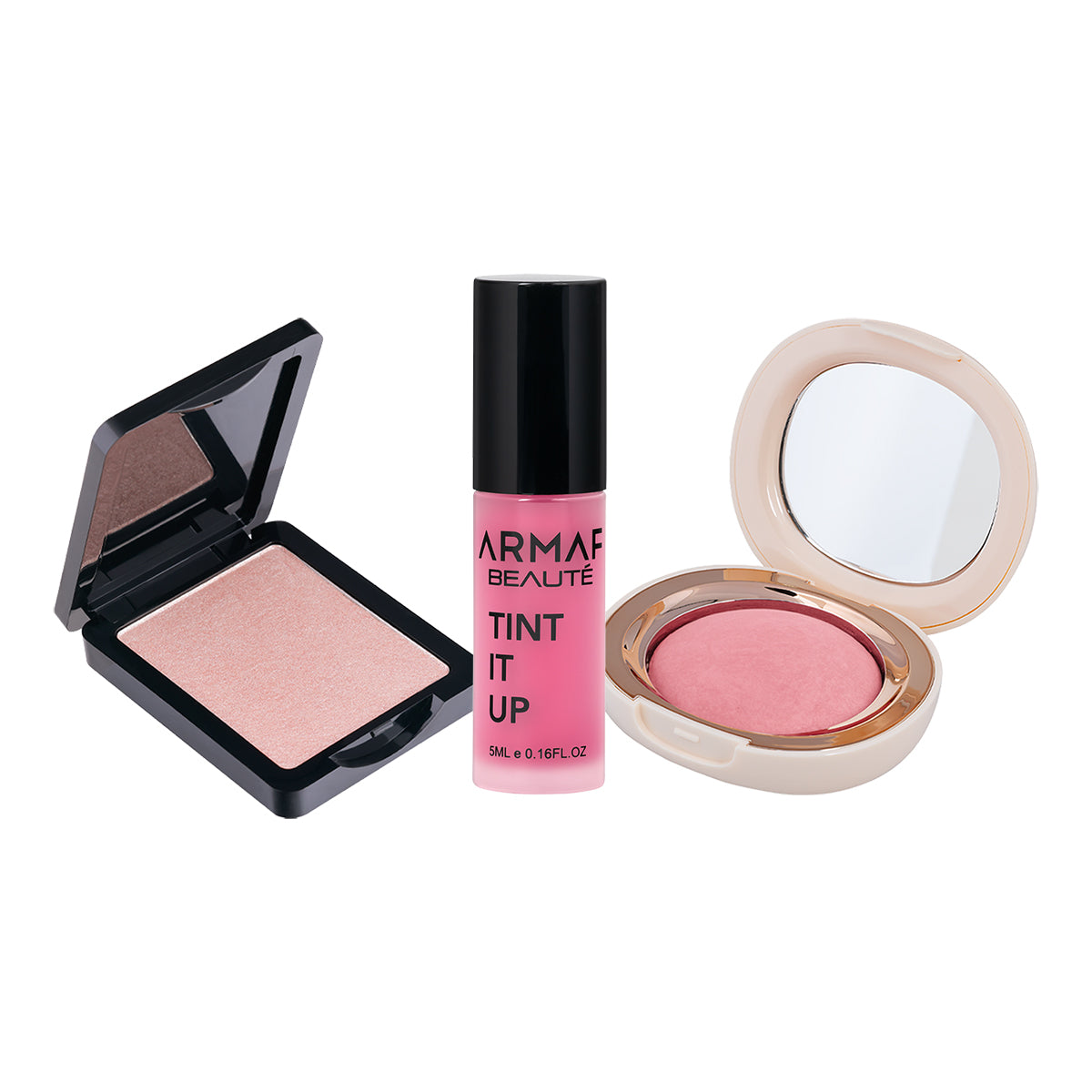 COMBO AB BAKED BLUSH BARE ROSY | AB TINT IT UP LIP & CHEEK TINT - ROSE 01 | AB WHAT A GLOW HIGHLIGHTER -  ROSE QUARTZ 04