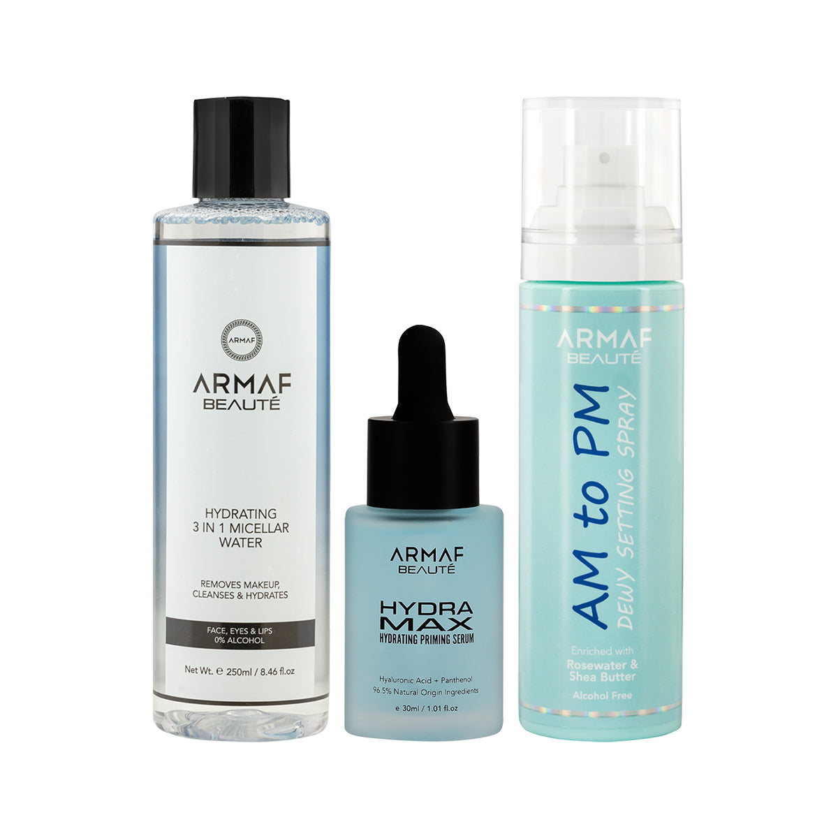 COMBO AB AM TO PM DEWY SETTING SPRAY-120 ML | AB HYDRA MAX HYDRATING PRIMING SERUM | ARMAF BEAUTE MICELLAR WATER