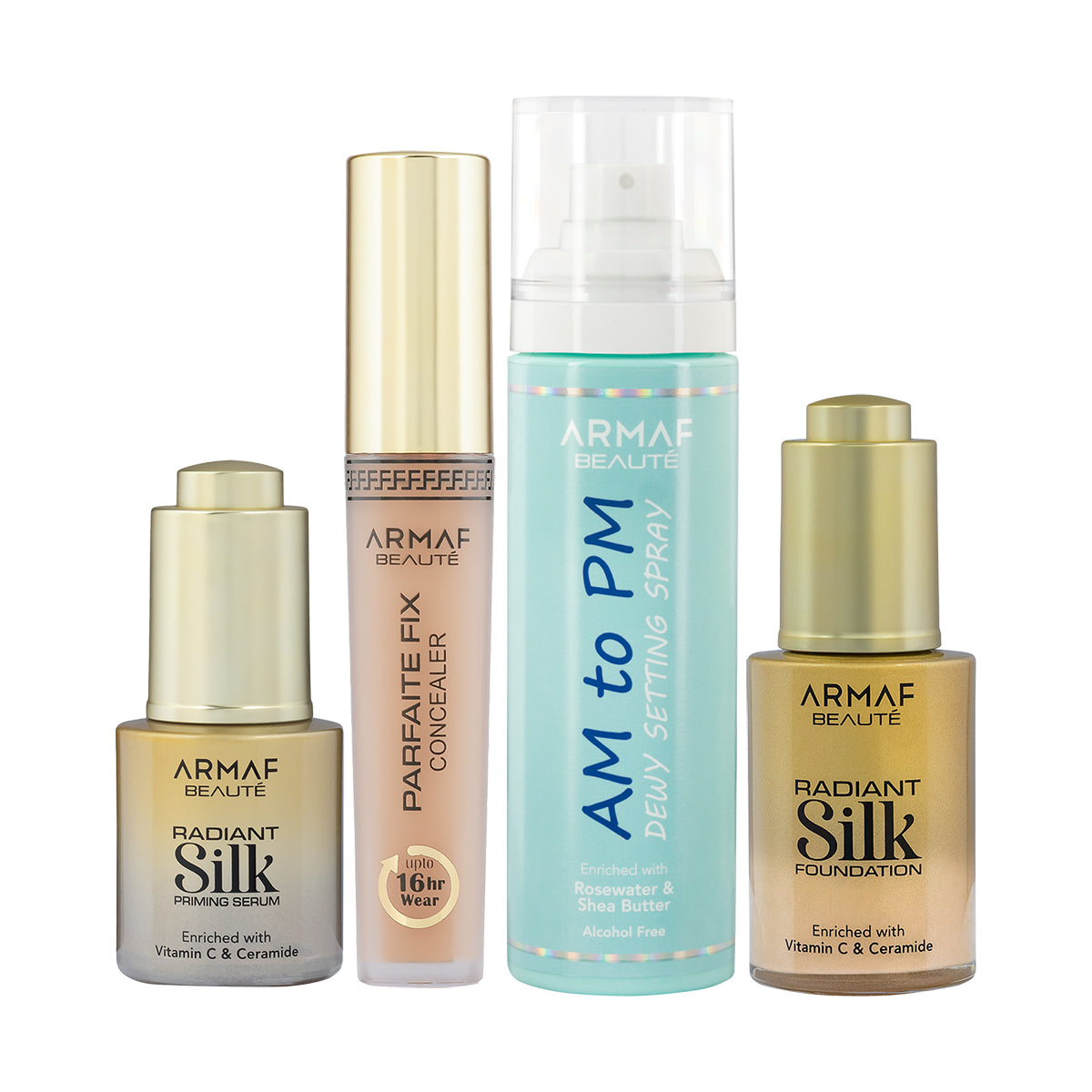 COMBO RADIANT SILK PRIMING SERUM | RADIANT SILK FOUNDATION GOLDEN BEIGE | PARFAITE FIX CONCEALER WARM BEIGE | AM TO PM DEWY SETTING SPRAY