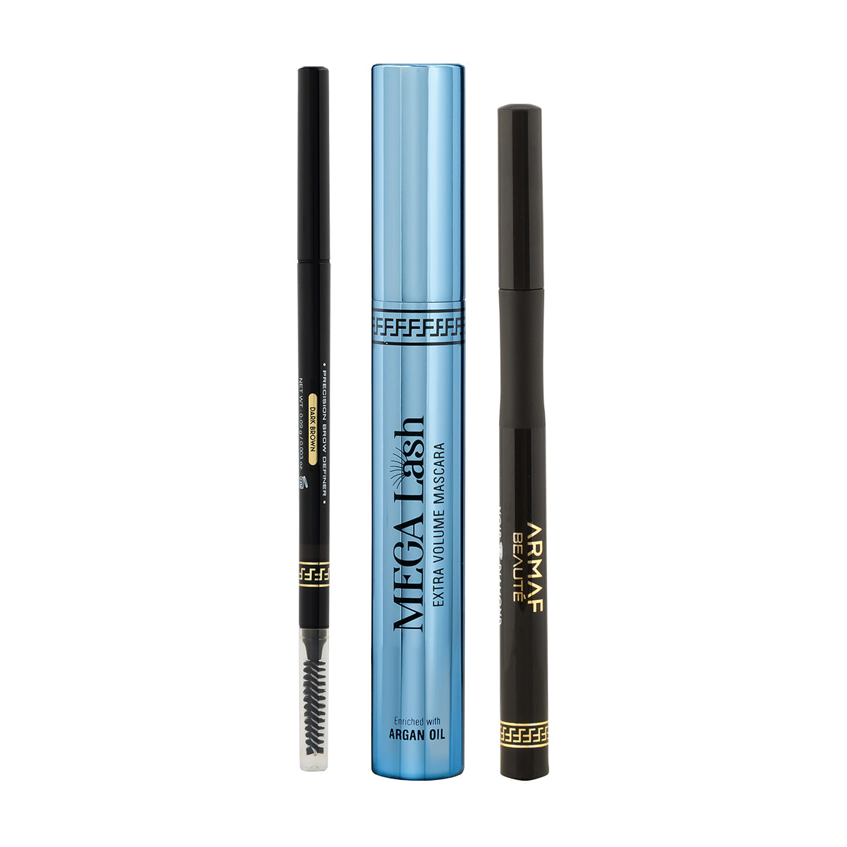 COMBO MEGA LASH EXTRA VOLUME MASCARA | AB NOIR DIAMOND LIQ EYELINER PEN - 01 INTENSE BLACK | ARMAF BEAUTE PRECISION BROW DEFINER - 02 DARK BROWN
