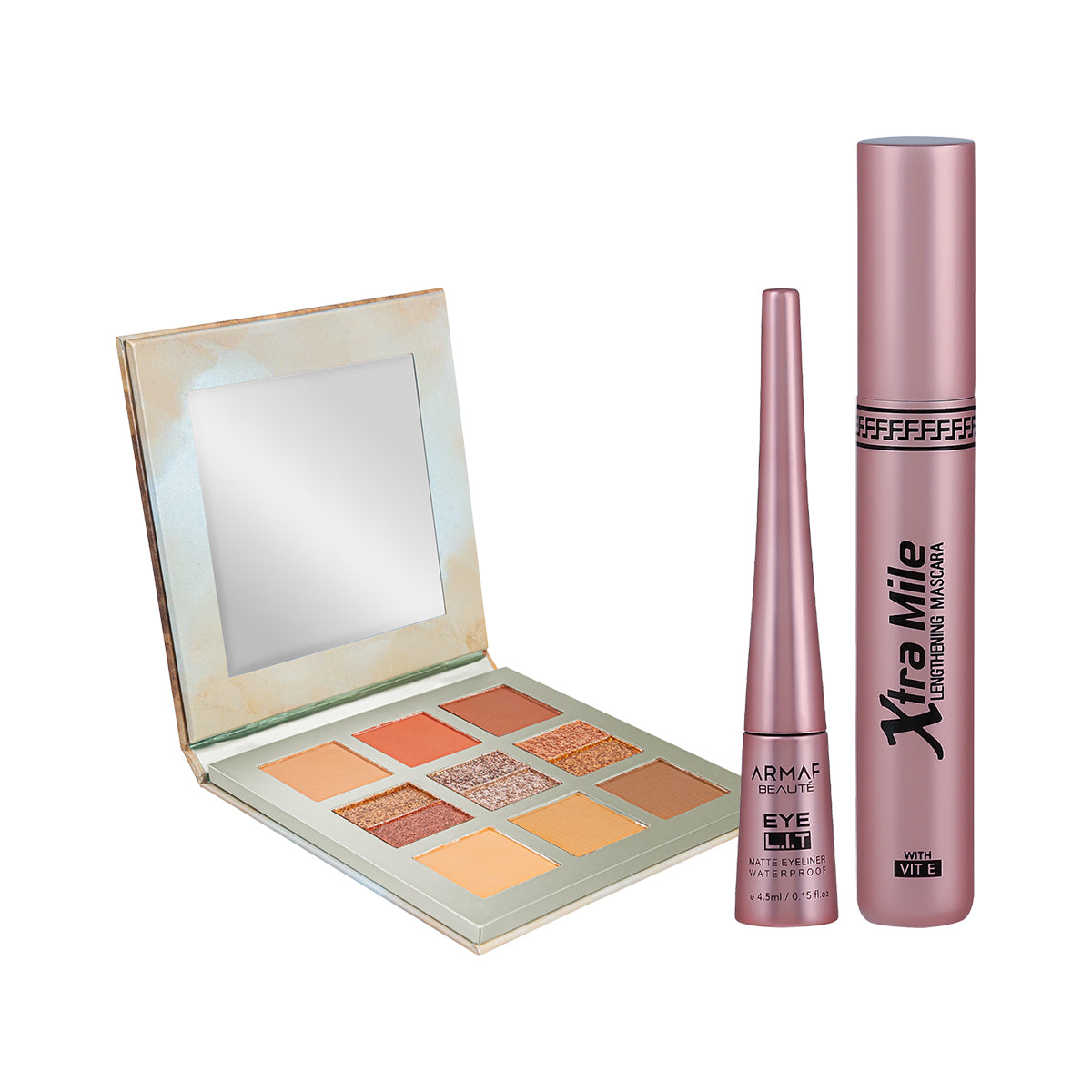 COMBO AB EYESHADOW PALETTE 12-IN-1 CLEOPATRA IMPERIAL | AB EYE L.I.T MATTE EYELINER WATERPROOF - BLACK 01| AB XTRA MILE LENGTHENING MASCARA - BLACK 01
