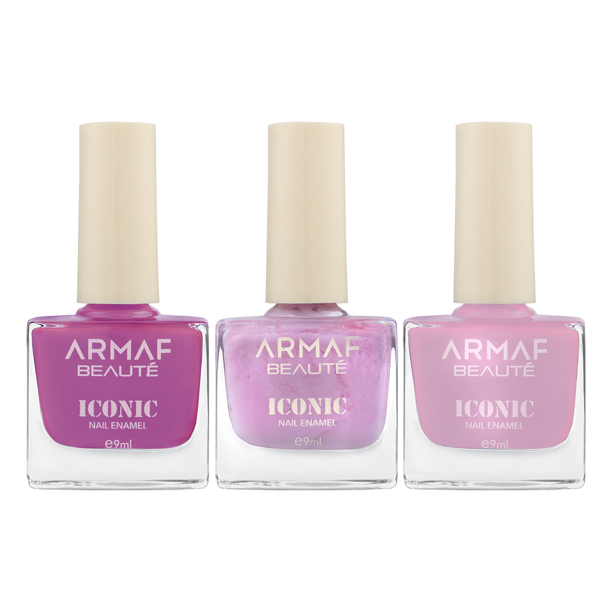 COMBO ARMAF BEAUTE ICONIC NAIL ENAMEL - 069 SHADE OF PURPLE | ARMAF BEAUTE ICONIC NAIL ENAMEL - 071 LILAC MYSTERY | ARMAF BEAUTE ICONIC NAIL ENAMEL - 074 PURPLE O PURPLE
