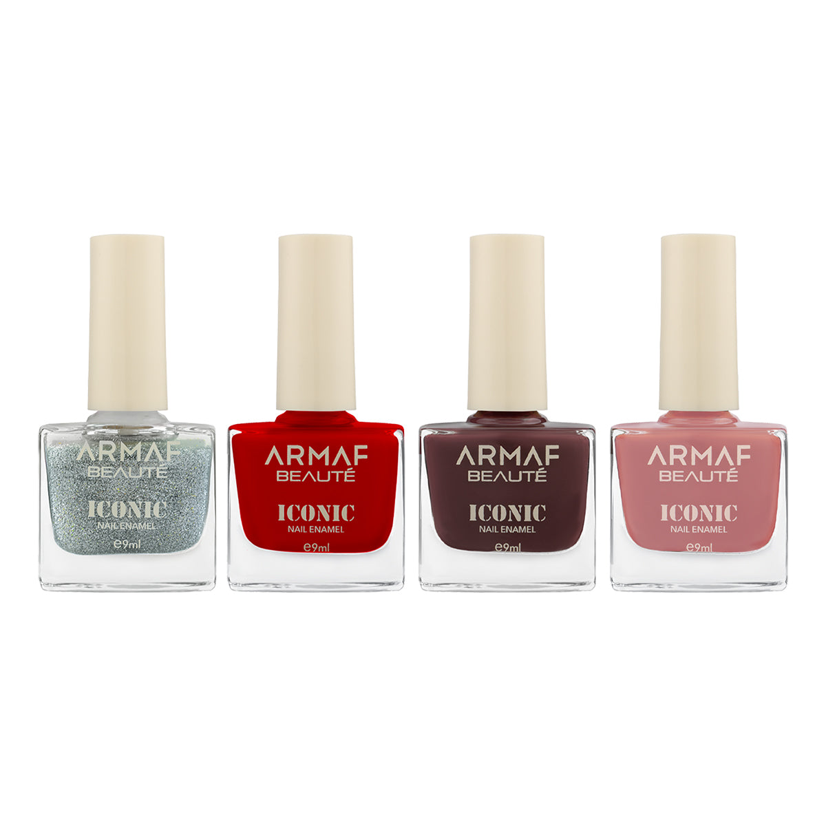 COMBO ARMAF BEAUTE ICONIC NAIL ENAMEL - 032 CHIC BEIGE | ARMAF BEAUTE ICONIC NAIL ENAMEL - 023 JULIETTE | ARMAF BEAUTE ICONIC NAIL ENAMEL - 043 SCARLET RED | ARMAF BEAUTE ICONIC NAIL ENAMEL - GR001 MILKY WAY